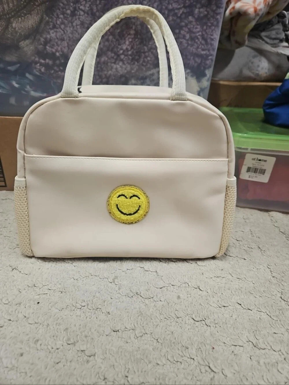Smiley Face Insulated Lunch Bag Beige Cute Travel Cosmetic Cooler